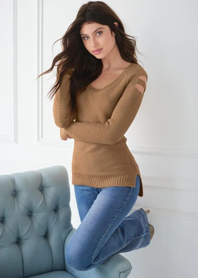 Cutout Sleeve Sweater Light Brown Women VENUS Pullover