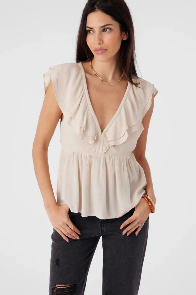 DEJI SOLID FLUTTER SLEEVE TOP Cement Women O039NEILL Clothing