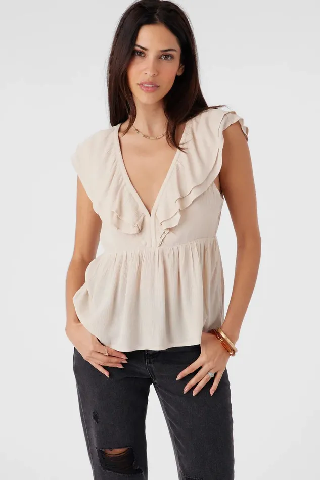 DEJI SOLID FLUTTER SLEEVE TOP Cement Women O039NEILL Clothing