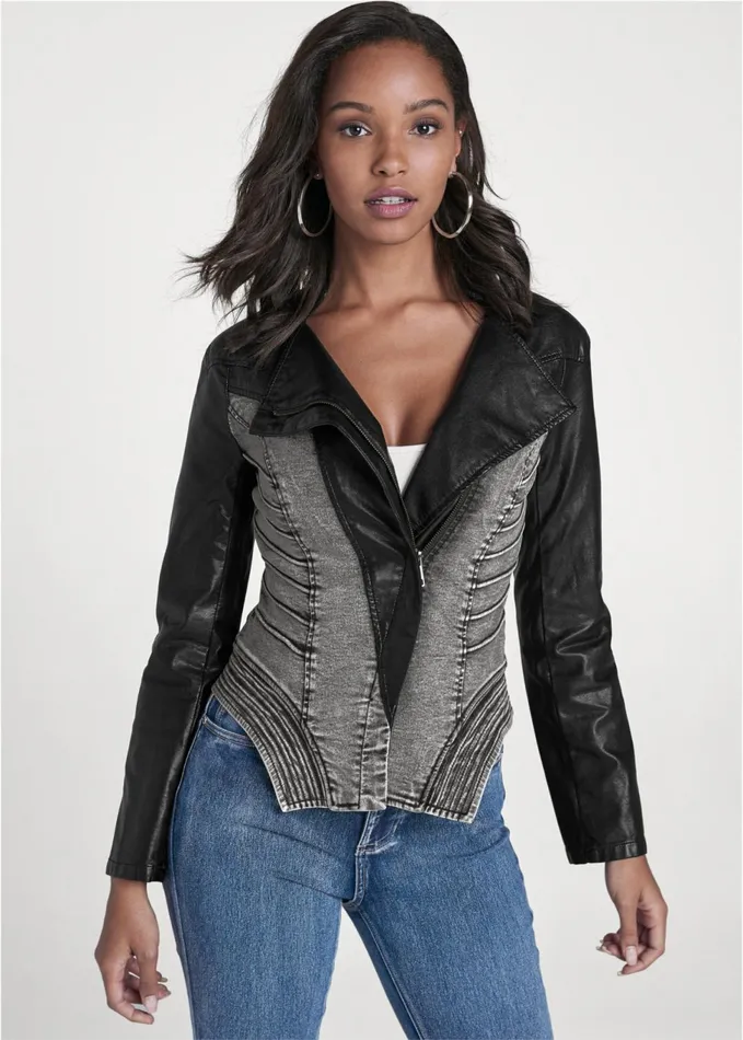 Denim FauxLeather Jacket Grey and Black Women VENUS Denim