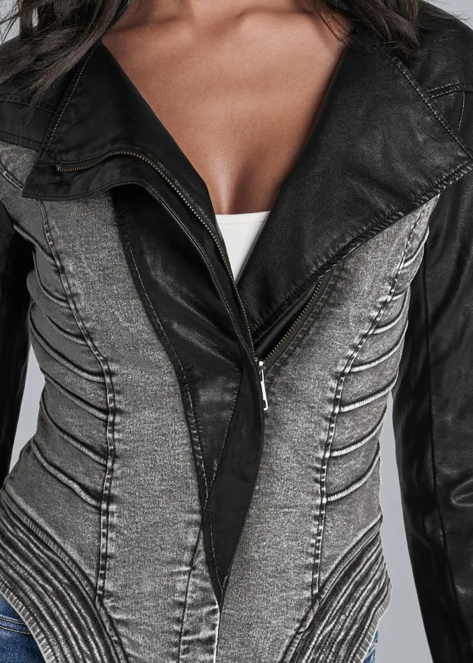 Denim FauxLeather Jacket Grey and Black Women VENUS Denim