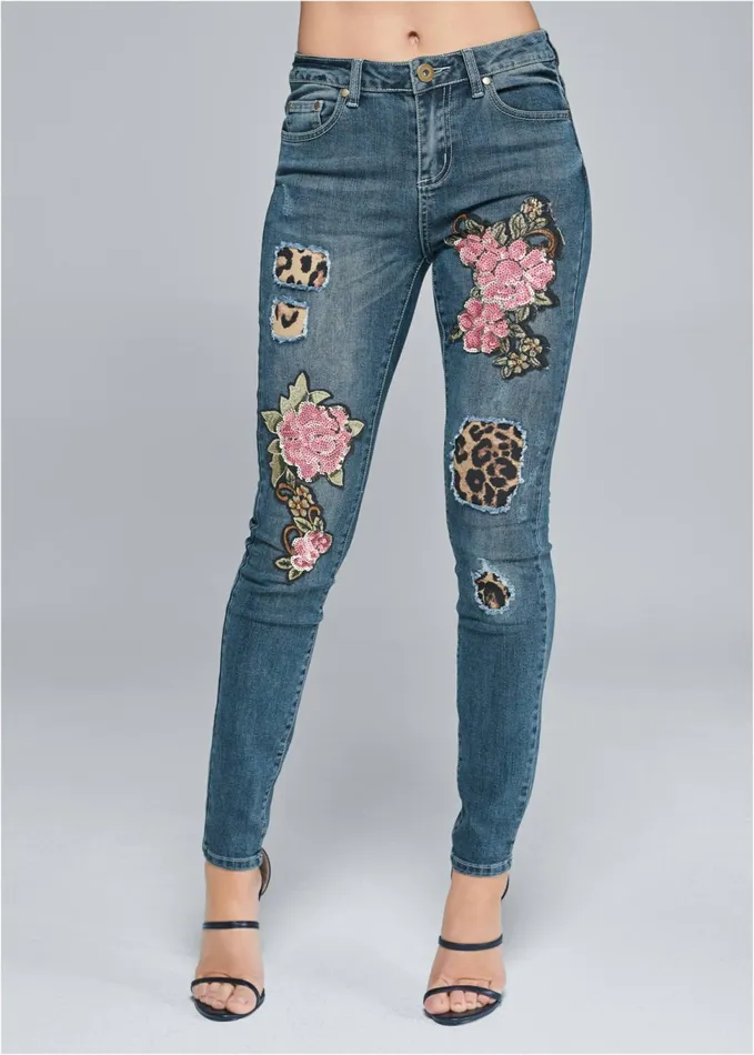 DISTRESSED SEQUIN DETAIL SKINNY JEANS Medium Wash Women VENUS Novelty Jeans