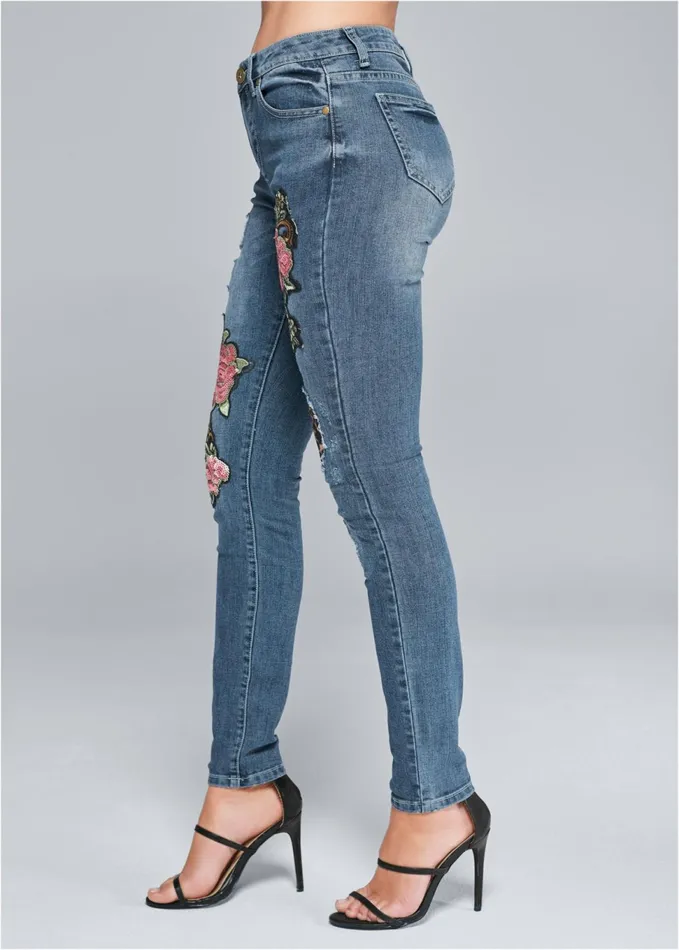 DISTRESSED SEQUIN DETAIL SKINNY JEANS Medium Wash Women VENUS Novelty Jeans