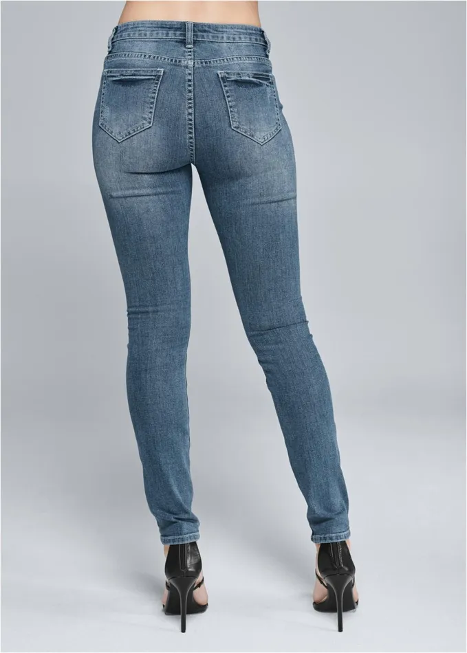 DISTRESSED SEQUIN DETAIL SKINNY JEANS Medium Wash Women VENUS Novelty Jeans