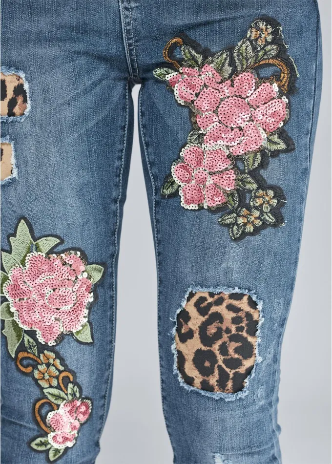 DISTRESSED SEQUIN DETAIL SKINNY JEANS Medium Wash Women VENUS Novelty Jeans
