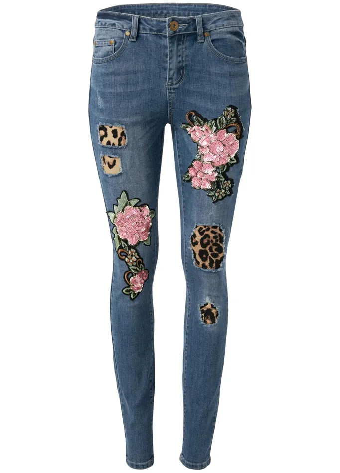 DISTRESSED SEQUIN DETAIL SKINNY JEANS Medium Wash Women VENUS Novelty Jeans
