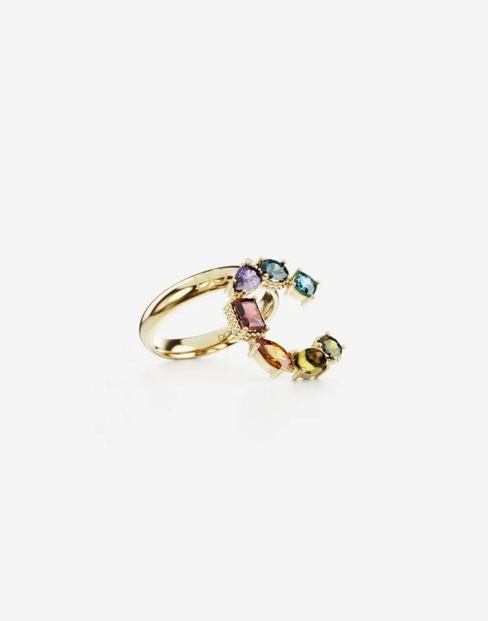 Dolce and Gabbana Alphabet Collection Women Rainbow Alphabet C Ring In Yellow Gold With Multicolor Fine Gems Gold Dolce and Gabbana Alphabet Collection Women Rainbow Alphabet C Ring In Yellow Gold With Multicolor Fine Gems Gold