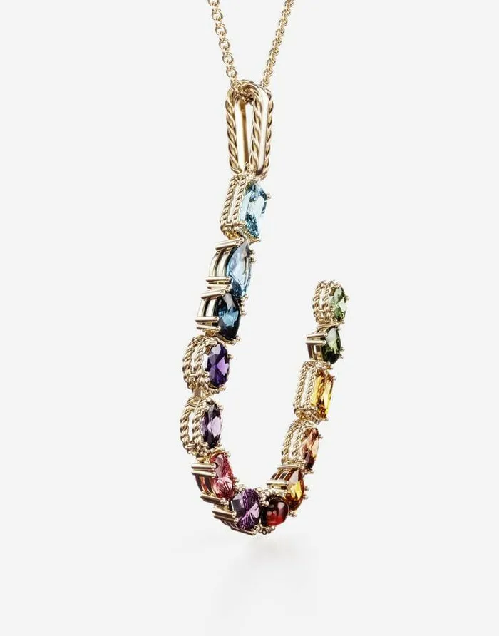 Dolce and Gabbana Alphabet Collection Women Rainbow Alphabet U Pendant In Yellow Gold With Multicolor Fine Gems Gold Dolce and Gabbana Alphabet Collection Women Rainbow Alphabet U Pendant In Yellow Gold With Multicolor Fine Gems Gold