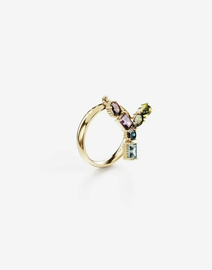 Dolce and Gabbana Alphabet Collection Women Rainbow Alphabet Y Ring In Yellow Gold With Multicolor Fine Gems Gold Dolce and Gabbana Alphabet Collection Women Rainbow Alphabet Y Ring In Yellow Gold With Multicolor Fine Gems Gold