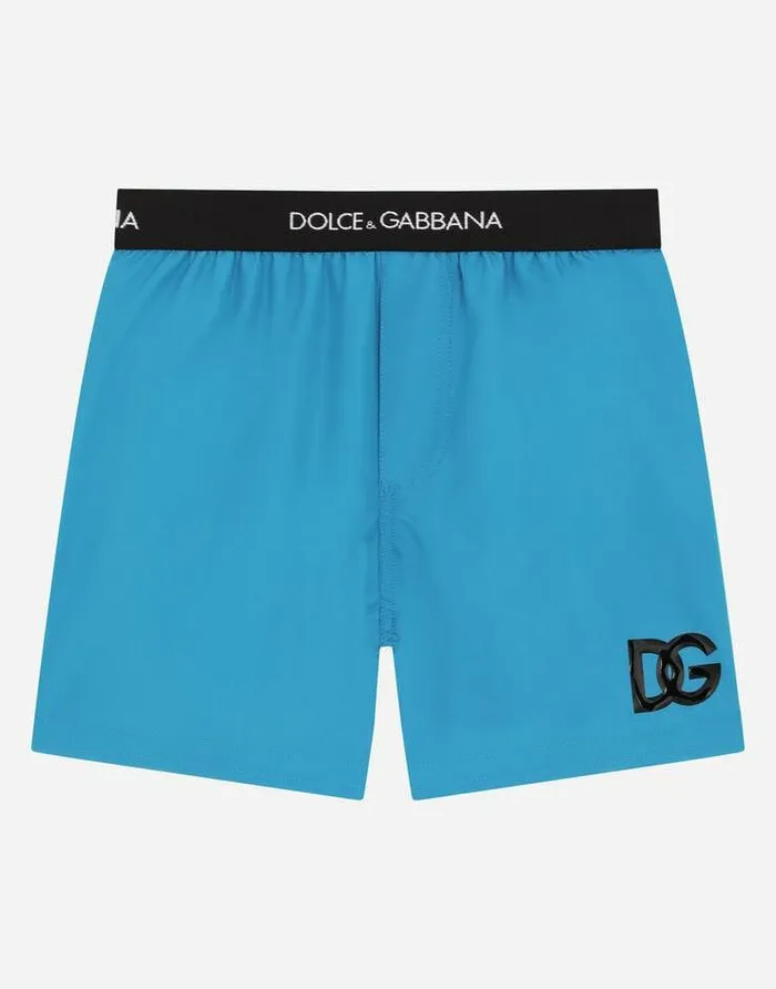 Dolce and Gabbana Beachwear Children Nylon Swim Trunks With Branded Elastic Azure Dolce and Gabbana Beachwear Children Nylon Swim Trunks With Branded Elastic Azure