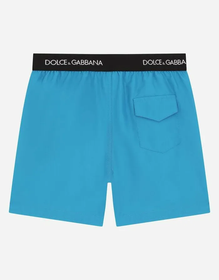 Dolce and Gabbana Beachwear Children Nylon Swim Trunks With Branded Elastic Azure Dolce and Gabbana Beachwear Children Nylon Swim Trunks With Branded Elastic Azure