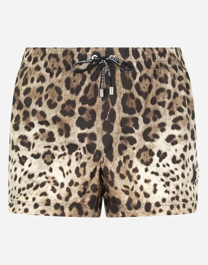 Dolce and Gabbana Beachwear Men Short Leopardprint Swim Trunks With Plate Multicolor Dolce and Gabbana Beachwear Men Short Leopardprint Swim Trunks With Plate Multicolor
