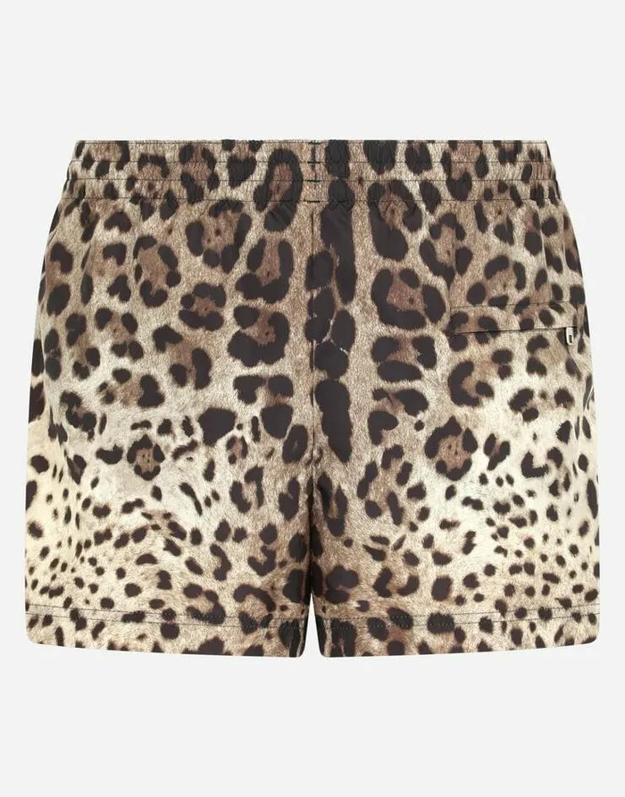 Dolce and Gabbana Beachwear Men Short Leopardprint Swim Trunks With Plate Multicolor Dolce and Gabbana Beachwear Men Short Leopardprint Swim Trunks With Plate Multicolor