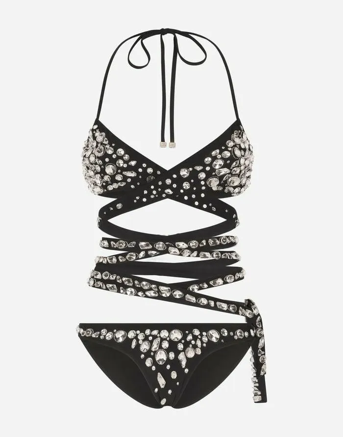 Dolce and Gabbana Beachwear Women Bikini With Crossover Lacing And Rhinestone Appliqus Multicolor Dolce and Gabbana Beachwear Women Bikini With Crossover Lacing And Rhinestone Appliqus Multicolor
