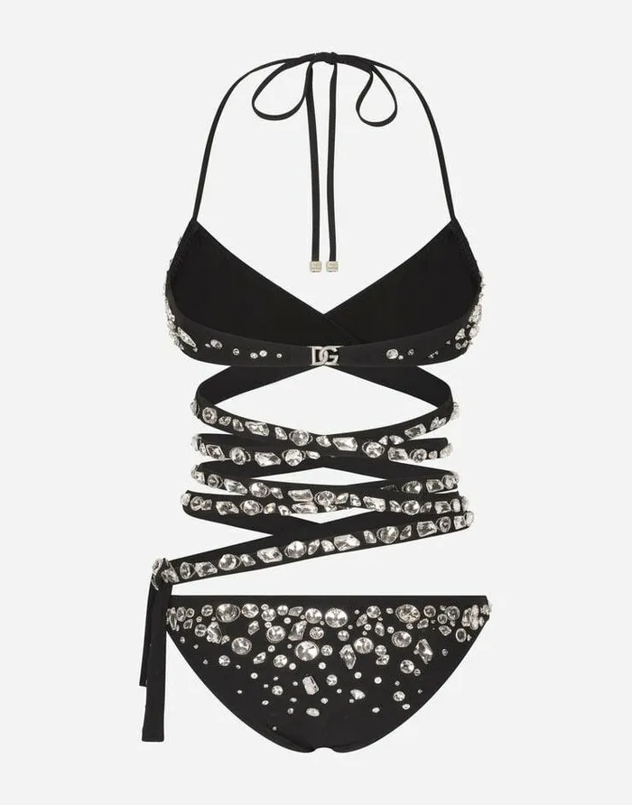 Dolce and Gabbana Beachwear Women Bikini With Crossover Lacing And Rhinestone Appliqus Multicolor Dolce and Gabbana Beachwear Women Bikini With Crossover Lacing And Rhinestone Appliqus Multicolor