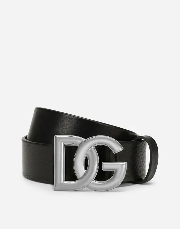 Dolce and Gabbana Belts Men Tumbled Leather Belt With Crossover DG Logo Buckle Black