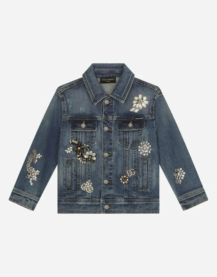Dolce and Gabbana Coats And Jackets Children Stretch Denim Jacket With Rhinestones And Embroidery Multicolor Dolce and Gabbana Coats And Jackets Children Stretch Denim Jacket With Rhinestones And Embroidery Multicolor