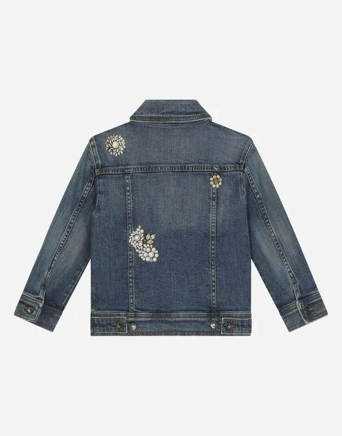 Dolce and Gabbana Coats And Jackets Children Stretch Denim Jacket With Rhinestones And Embroidery Multicolor Dolce and Gabbana Coats And Jackets Children Stretch Denim Jacket With Rhinestones And Embroidery Multicolor