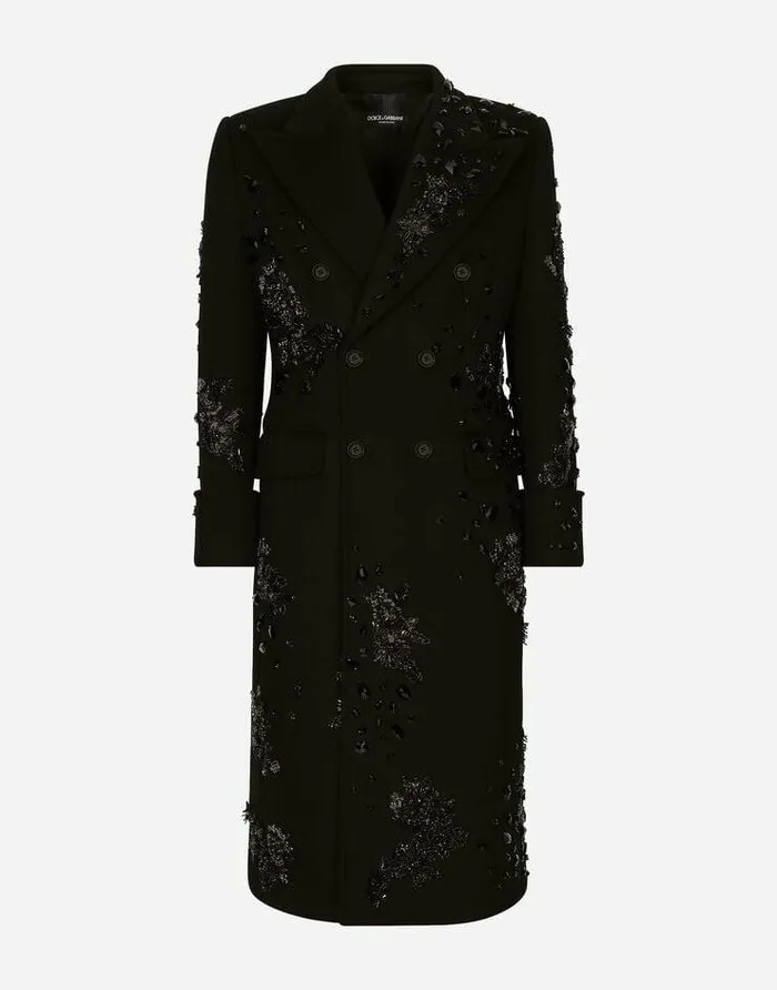 Dolce and Gabbana Coats And Jackets Men Doublebreasted Coat With Embroidery And Stones Black Dolce and Gabbana Coats And Jackets Men Doublebreasted Coat With Embroidery And Stones Black