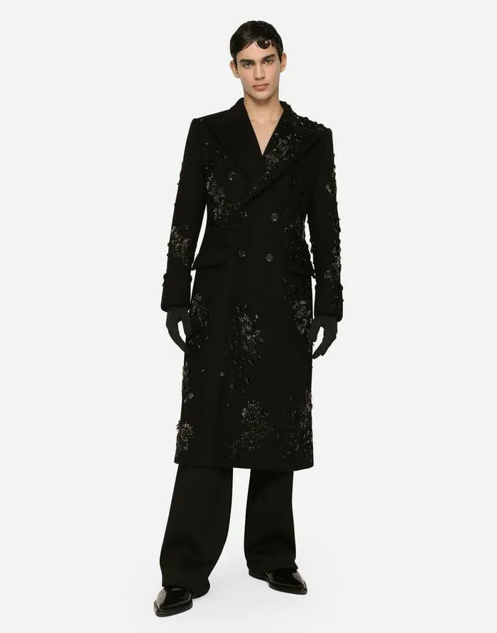Dolce and Gabbana Coats And Jackets Men Doublebreasted Coat With Embroidery And Stones Black Dolce and Gabbana Coats And Jackets Men Doublebreasted Coat With Embroidery And Stones Black