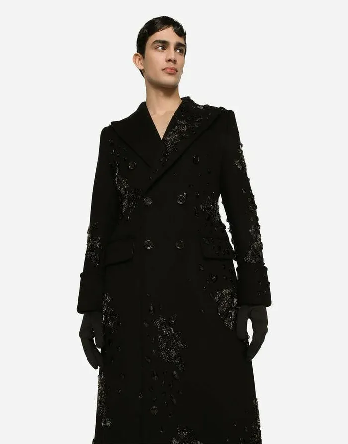 Dolce and Gabbana Coats And Jackets Men Doublebreasted Coat With Embroidery And Stones Black Dolce and Gabbana Coats And Jackets Men Doublebreasted Coat With Embroidery And Stones Black