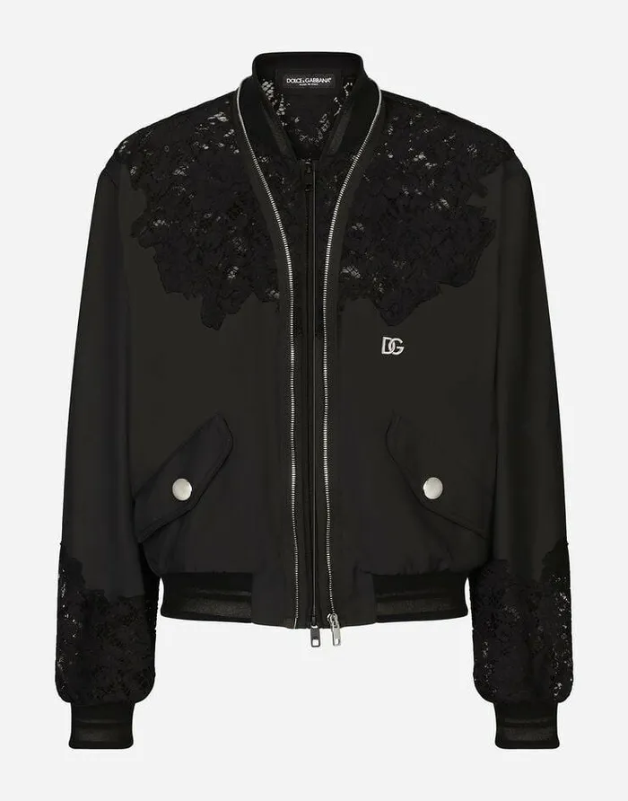 Dolce and Gabbana Coats And Jackets Men Nylon Jacket With Lace Inserts And DG Patch Black Dolce and Gabbana Coats And Jackets Men Nylon Jacket With Lace Inserts And DG Patch Black