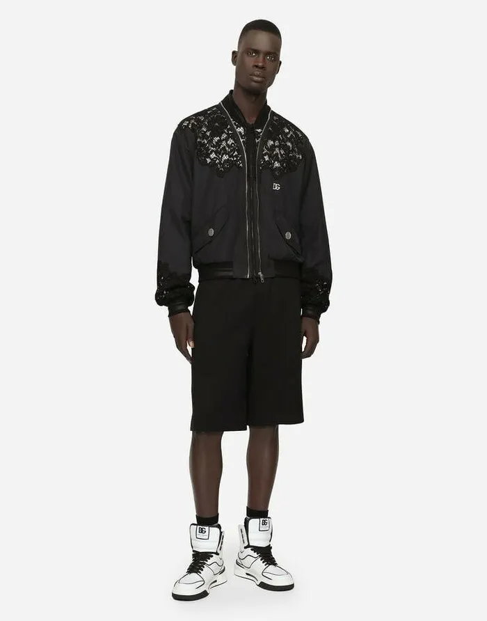 Dolce and Gabbana Coats And Jackets Men Nylon Jacket With Lace Inserts And DG Patch Black Dolce and Gabbana Coats And Jackets Men Nylon Jacket With Lace Inserts And DG Patch Black