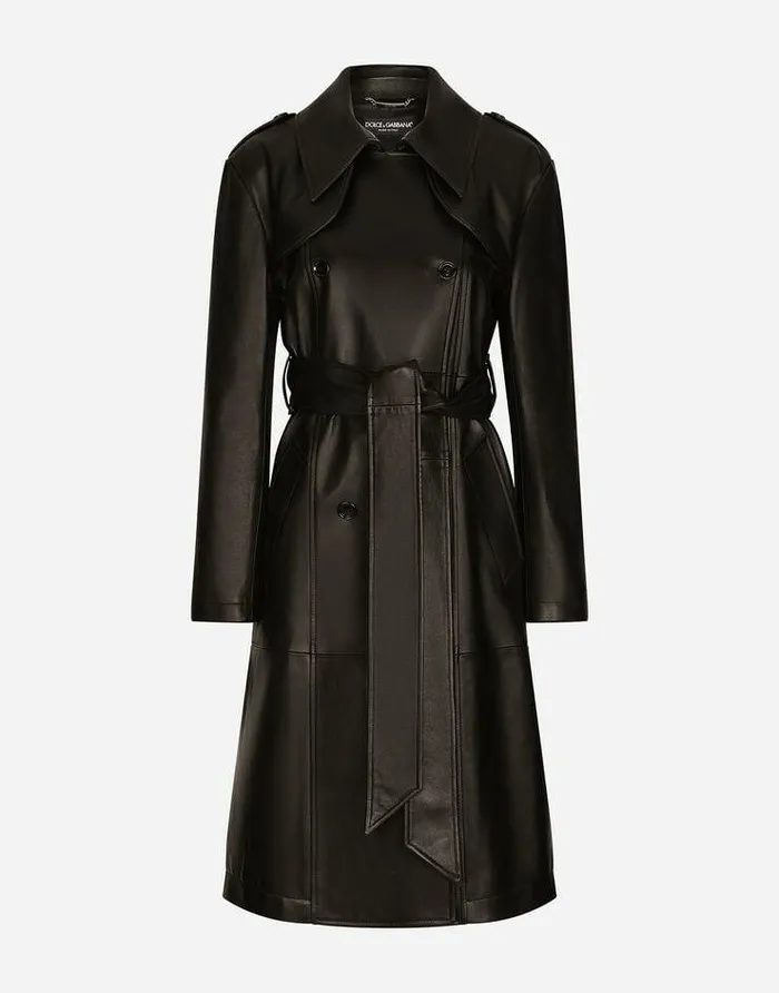 Dolce and Gabbana Coats And Jackets Women Belted Doublebreasted Leather Coat Black Dolce and Gabbana Coats And Jackets Women Belted Doublebreasted Leather Coat Black