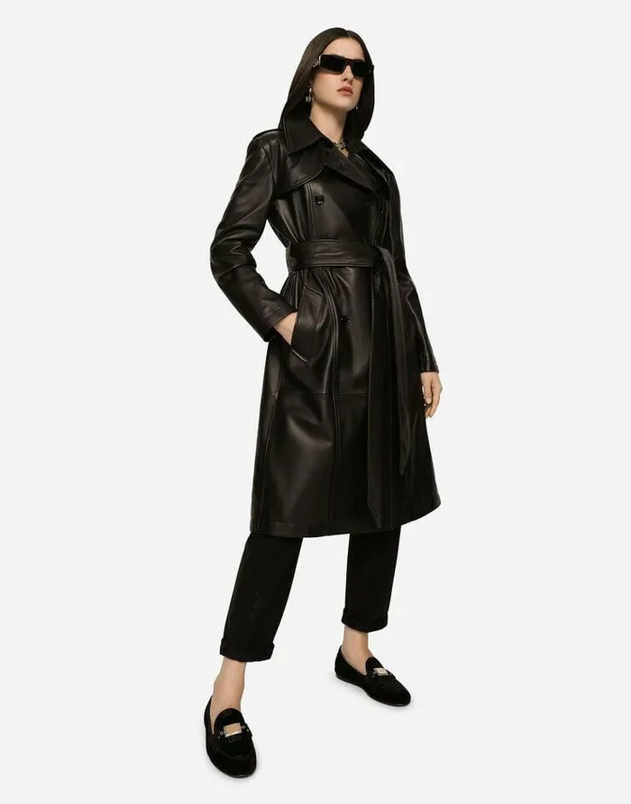 Dolce and Gabbana Coats And Jackets Women Belted Doublebreasted Leather Coat Black Dolce and Gabbana Coats And Jackets Women Belted Doublebreasted Leather Coat Black