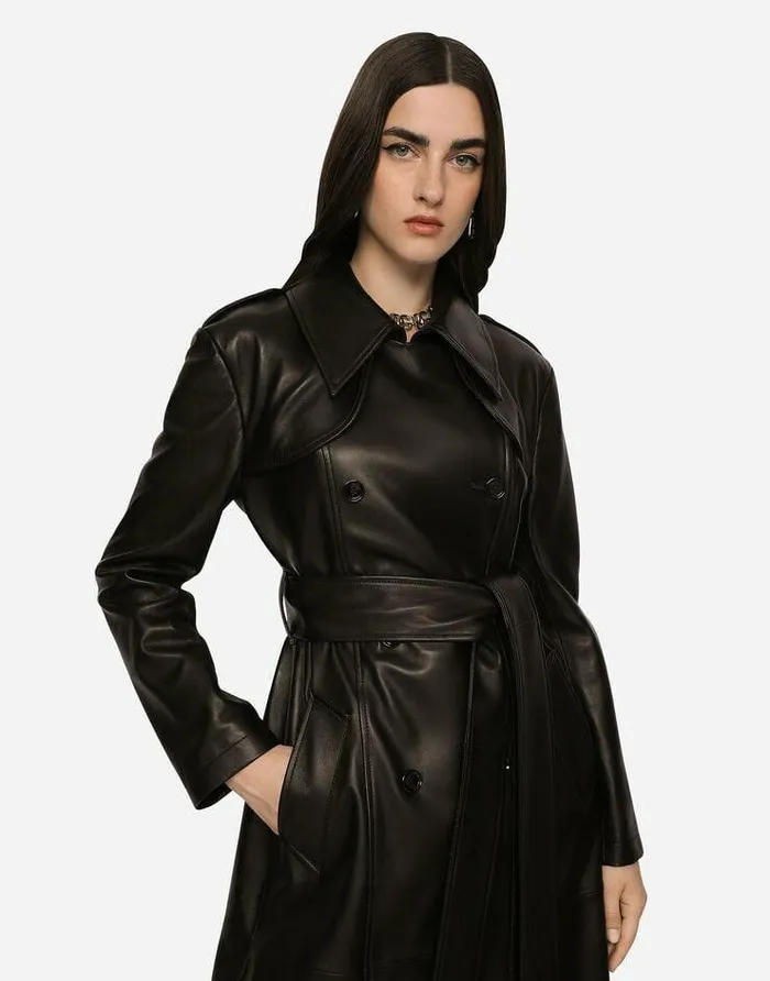 Dolce and Gabbana Coats And Jackets Women Belted Doublebreasted Leather Coat Black Dolce and Gabbana Coats And Jackets Women Belted Doublebreasted Leather Coat Black