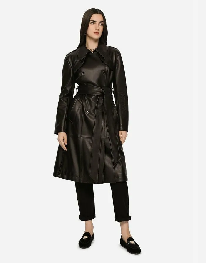 Dolce and Gabbana Coats And Jackets Women Belted Doublebreasted Leather Coat Black Dolce and Gabbana Coats And Jackets Women Belted Doublebreasted Leather Coat Black
