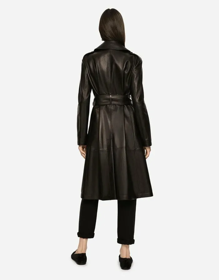 Dolce and Gabbana Coats And Jackets Women Belted Doublebreasted Leather Coat Black Dolce and Gabbana Coats And Jackets Women Belted Doublebreasted Leather Coat Black