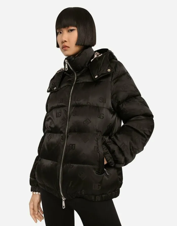 Dolce and Gabbana Coats And Jackets Women Satin Jacquard Down Jacket With Allover DG Logo Black Dolce and Gabbana Coats And Jackets Women Satin Jacquard Down Jacket With Allover DG Logo Black