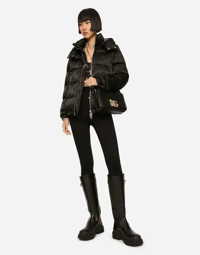 Dolce and Gabbana Coats And Jackets Women Satin Jacquard Down Jacket With Allover DG Logo Black Dolce and Gabbana Coats And Jackets Women Satin Jacquard Down Jacket With Allover DG Logo Black