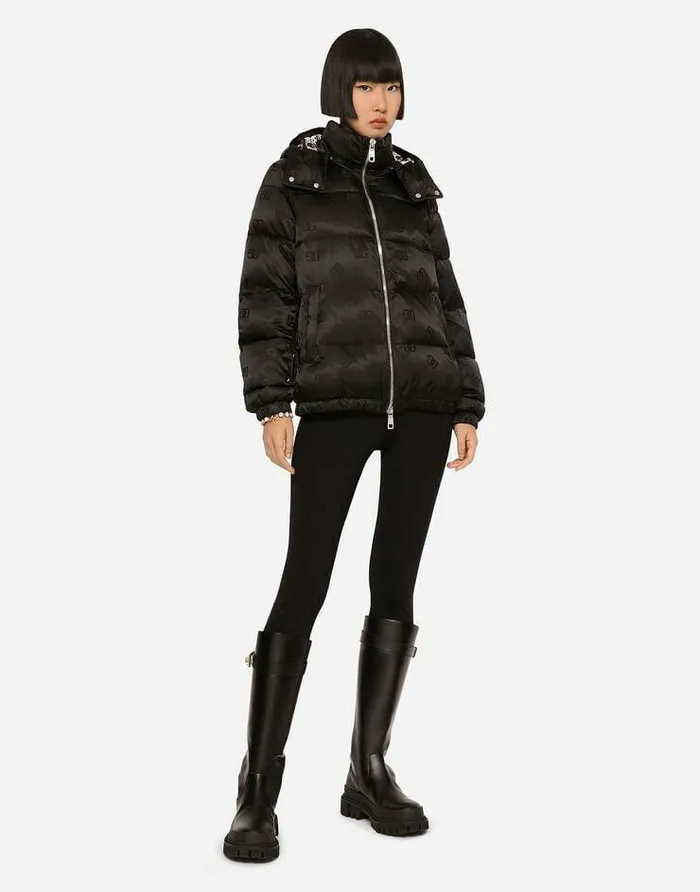 Dolce and Gabbana Coats And Jackets Women Satin Jacquard Down Jacket With Allover DG Logo Black Dolce and Gabbana Coats And Jackets Women Satin Jacquard Down Jacket With Allover DG Logo Black