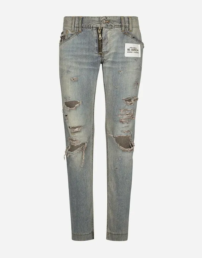 Dolce and Gabbana Denim Men Washed Denim Jeans With Rips Multicolor