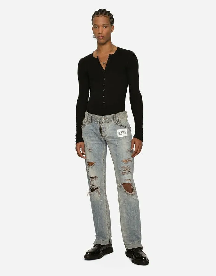 Dolce and Gabbana Denim Men Washed Denim Jeans With Rips Multicolor Dolce and Gabbana Denim Men Washed Denim Jeans With Rips Multicolor