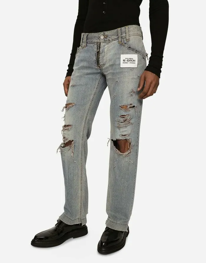 Dolce and Gabbana Denim Men Washed Denim Jeans With Rips Multicolor Dolce and Gabbana Denim Men Washed Denim Jeans With Rips Multicolor
