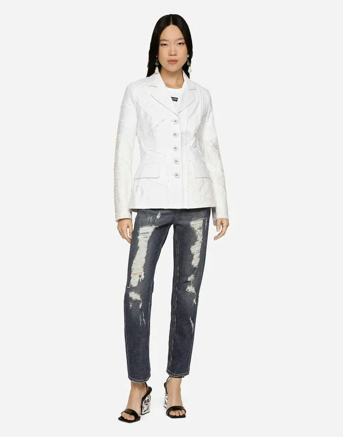 Dolce and Gabbana Denim Women Singlebreasted Denim And Lace Patchwork Jacket Multicolor Dolce and Gabbana Denim Women Singlebreasted Denim And Lace Patchwork Jacket Multicolor