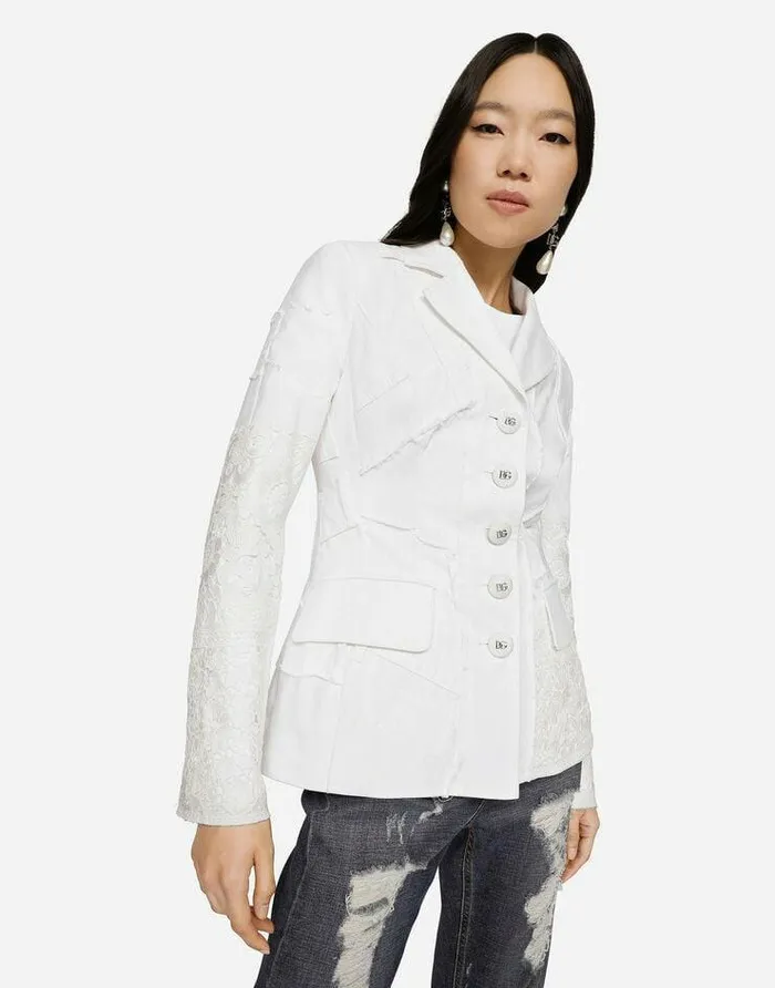 Dolce and Gabbana Denim Women Singlebreasted Denim And Lace Patchwork Jacket Multicolor Dolce and Gabbana Denim Women Singlebreasted Denim And Lace Patchwork Jacket Multicolor