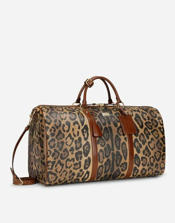 Dolce and Gabbana DGLeo Collection WomenMen Medium Travel Bag In Leopardprint Crespo With Branded Plate Multicolor Dolce and Gabbana DGLeo Collection WomenMen Medium Travel Bag In Leopardprint Crespo With Branded Plate Multicolor