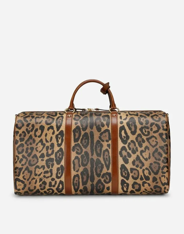 Dolce and Gabbana DGLeo Collection WomenMen Medium Travel Bag In Leopardprint Crespo With Branded Plate Multicolor Dolce and Gabbana DGLeo Collection WomenMen Medium Travel Bag In Leopardprint Crespo With Branded Plate Multicolor