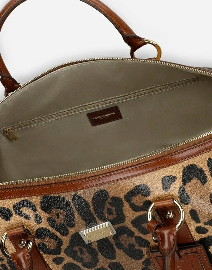 Dolce and Gabbana DGLeo Collection WomenMen Medium Travel Bag In Leopardprint Crespo With Branded Plate Multicolor Dolce and Gabbana DGLeo Collection WomenMen Medium Travel Bag In Leopardprint Crespo With Branded Plate Multicolor