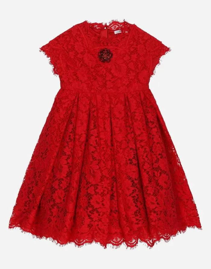 Dolce and Gabbana Dresses Children Cordonette Lace Dress With Embroidered Jewel Red Dolce and Gabbana Dresses Children Cordonette Lace Dress With Embroidered Jewel Red