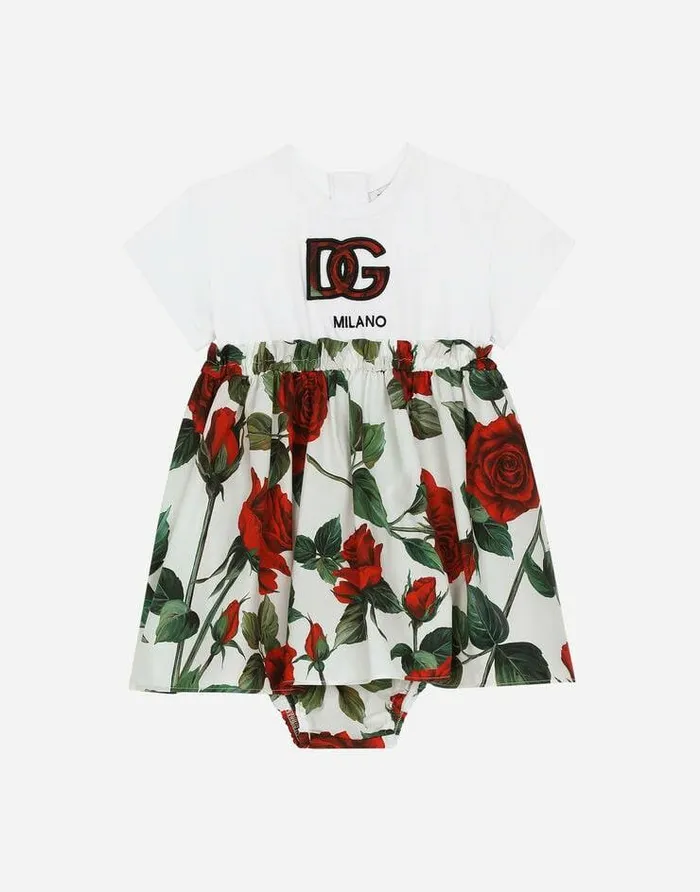 Dolce and Gabbana Dresses Children Poplin And Jersey Dress With Red Rose Print Multicolor Dolce and Gabbana Dresses Children Poplin And Jersey Dress With Red Rose Print Multicolor