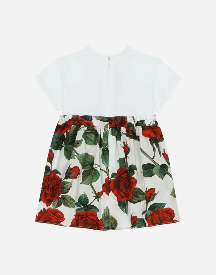 Dolce and Gabbana Dresses Children Poplin And Jersey Dress With Red Rose Print Multicolor Dolce and Gabbana Dresses Children Poplin And Jersey Dress With Red Rose Print Multicolor