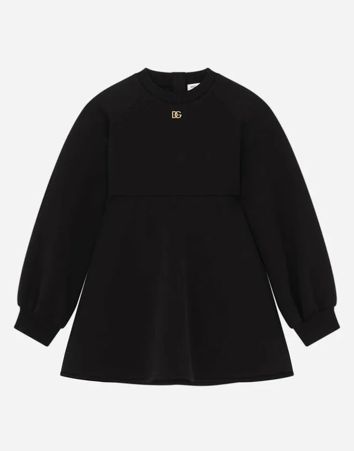 Dolce and Gabbana Dresses Children Technical Jersey Midi Dress With Metal DG Logo Black Dolce and Gabbana Dresses Children Technical Jersey Midi Dress With Metal DG Logo Black