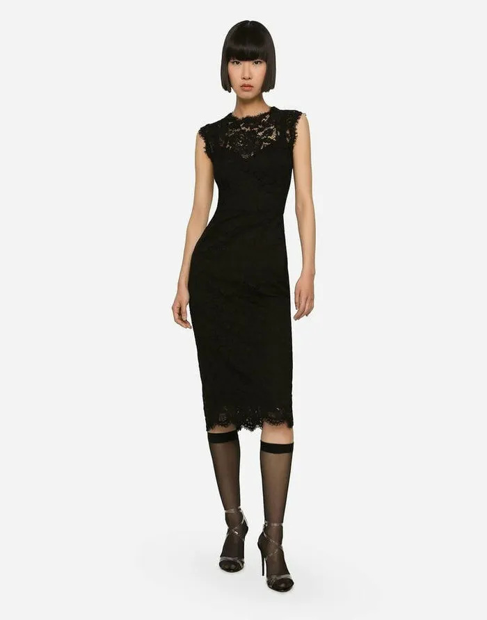 Dolce and Gabbana Dresses Women Branded Stretch Lace Calflength Dress Black Dolce and Gabbana Dresses Women Branded Stretch Lace Calflength Dress Black