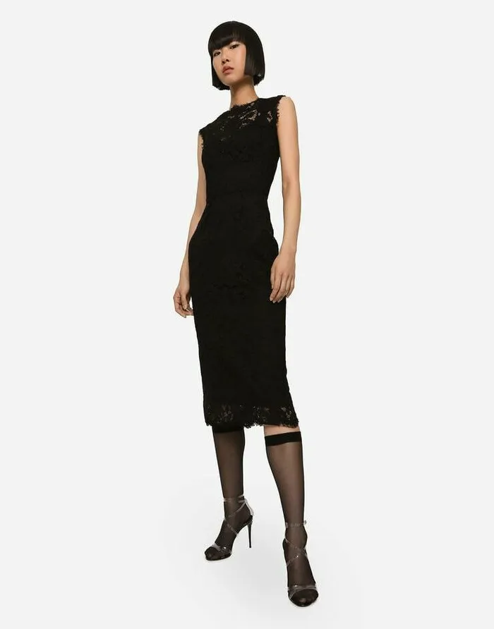 Dolce and Gabbana Dresses Women Branded Stretch Lace Calflength Dress Black Dolce and Gabbana Dresses Women Branded Stretch Lace Calflength Dress Black
