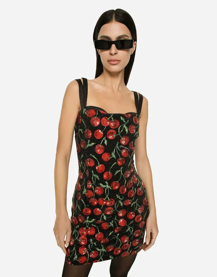 Dolce and Gabbana Dresses Women Cherryprint Jersey Minidress With Fusible Rhinestones Multicolor Dolce and Gabbana Dresses Women Cherryprint Jersey Minidress With Fusible Rhinestones Multicolor